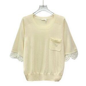 Chloé Beige Woolen Lace-Trim Round-Neck Short-Sleeve Knitted Sweater XS